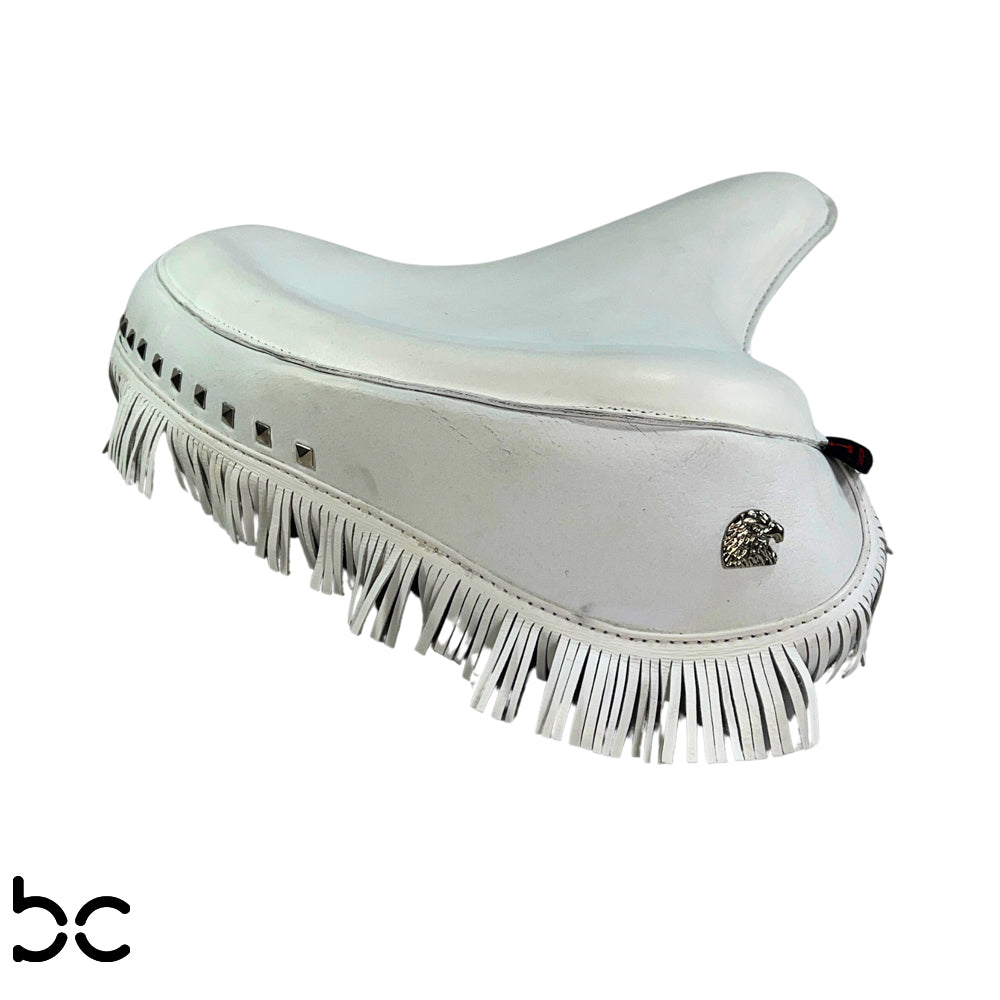 Harley Police Panhead Knucklehead Flathead EL WL ULH Genuine White Leather Fringe Skirt Seat with Frill